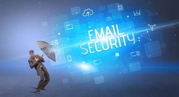 Affärsman Försvara Med Paraply Från Angrepp Och Email Security Inskription — Stockfoto