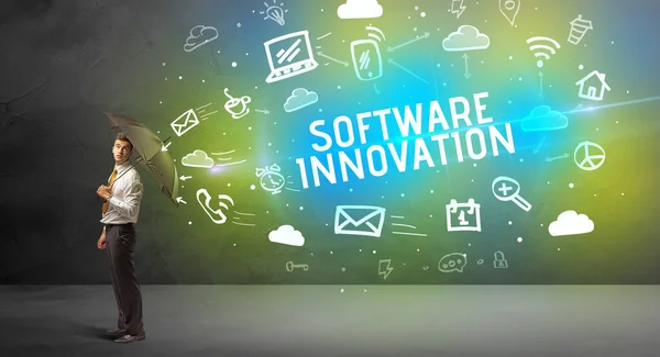 Zakenman Verdedigen Met Paraplu Van Software Innovatie Inscriptie Moderne Technologie — Stockfoto