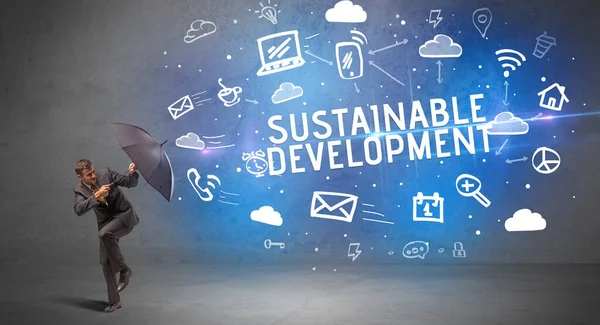 Affärsman Försvarar Med Paraply Från Hållbar Utveckling Inskription Modern Teknik — Stockfoto