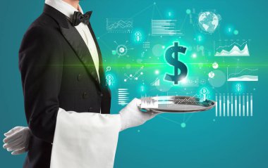 Genç garson tepside dolar ikonu servis ediyor, para değişimi konsepti.
