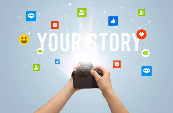 Using Camera Capture Social Media Content Your Story Inscription Social — Stock Photo, Image