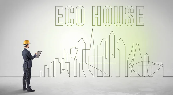 Geschäftsmann Mit Hut Und Blaupause Mit Eco House Inschrift Engineering — Stockfoto