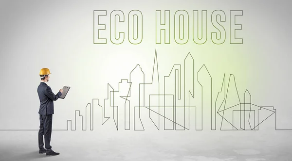 Empresário Chapéu Duro Segurando Planta Com Eco House Inscrição Engenharia — Fotografia de Stock