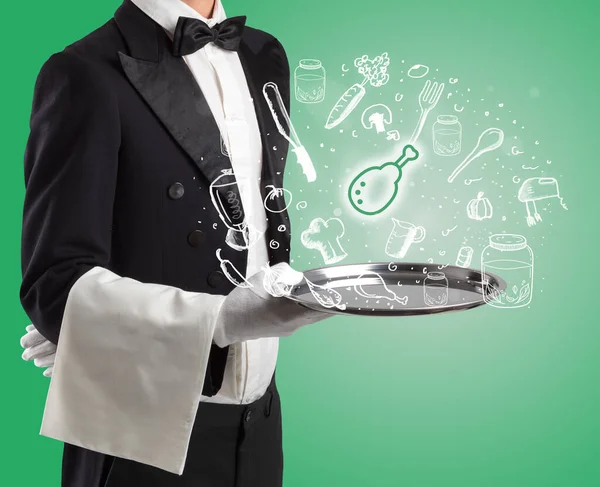 Waiter Holding Silver Tray Thigh Meat Icons Coming Out Health — Stock Photo, Image