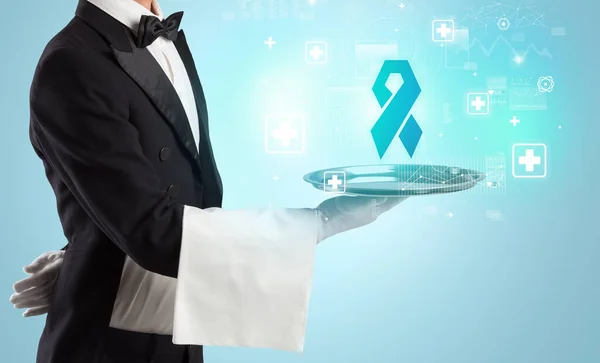 Handsome Young Waiter Tuxedo Holding Tray Breast Cancer Icons Tray — Stock Photo, Image