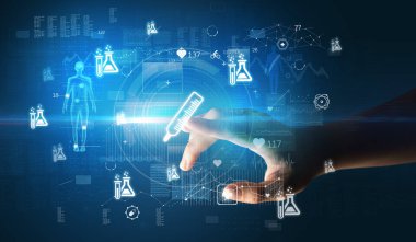 Doktor el, ekranında termometre sembolü olan fütüristik sağlık aygıtı, fütüristik kavram