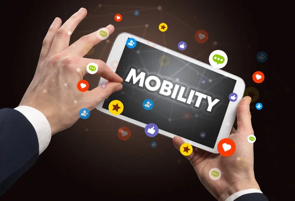 Mobility Yazıtları Sosyal Konsepti Dokunmatik Ekranın Yakın Plan Görüntüsü — Stok fotoğraf