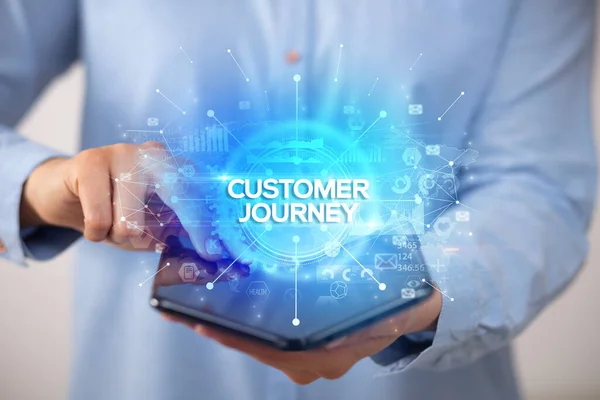 Businessman Holding Foldable Smartphone Customer Journey Inscription New Business Concept — Stockfoto