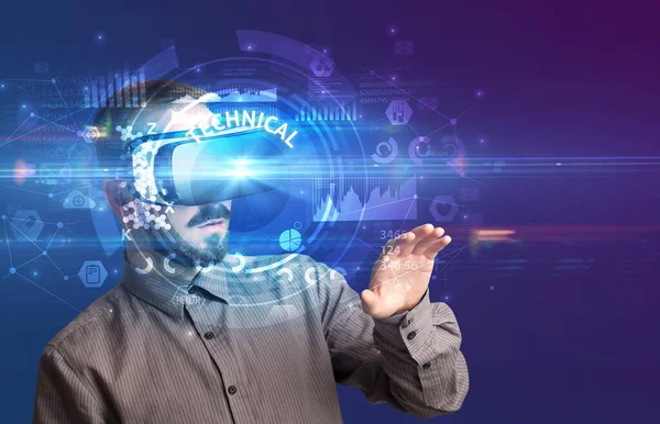 Businessman Looking Virtual Reality Glasses Technical Inscription Innovative Technology Concept — ストック写真
