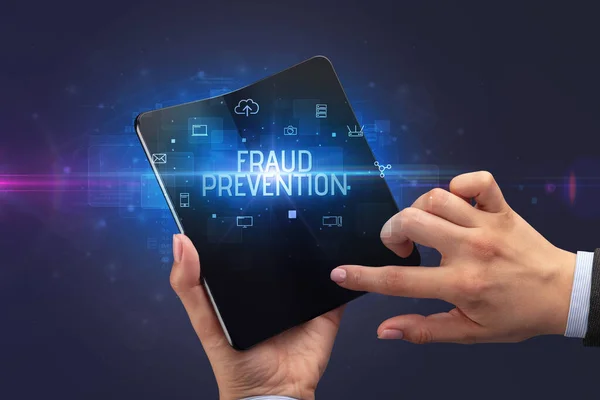 Businessman Holding Foldable Smartphone Fraud Prevention Inscription Cyber Security Concept — Stock Photo, Image