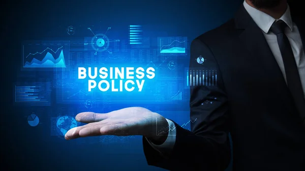 Χέρι Του Επιχειρηματία Που Κατέχουν Επιγραφή Business Policy Επιχειρηματική Επιτυχία — Φωτογραφία Αρχείου