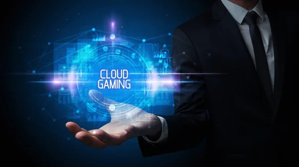 Man Hand Håller Cloud Gaming Inskription Teknik Koncept — Stockfoto