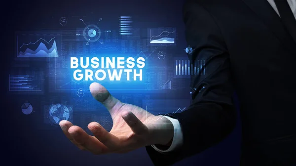 Hand Businessman Holding Business Growth Επιγραφή Επιχειρηματική Επιτυχία Έννοια — Φωτογραφία Αρχείου
