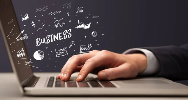 Businessman Working Laptop Business Inscription Modern Business Concept — Stock Fotó