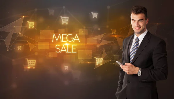 Бизнесмен Иконками Корзине Надписью Mega Sale Концепция Онлайн Покупок — стоковое фото