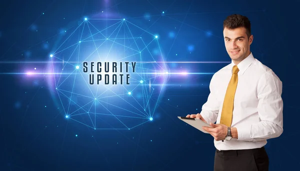 Empresario Pensando Soluciones Seguridad Con Inscripción Actualización Seguridad —  Fotos de Stock