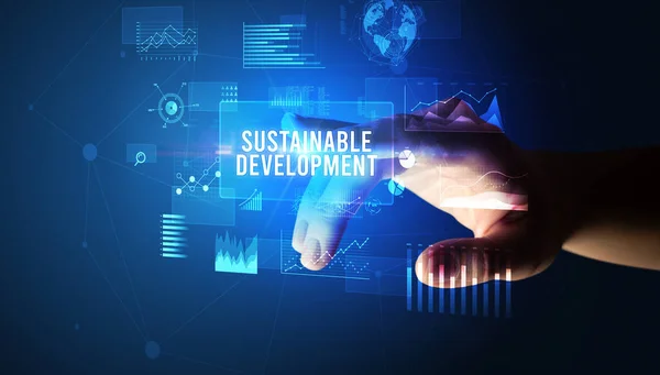 Mão Tocando Sustentável Desenvolvimento Inscrição Novo Conceito Tecnologia Negócios — Fotografia de Stock