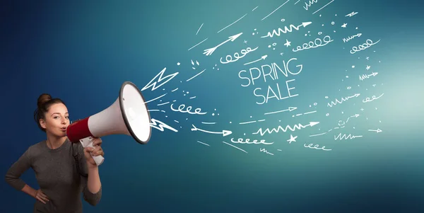 Young Girl Screaming Megaphone Spring Sale Inscription Shopping Concept — Stok fotoğraf