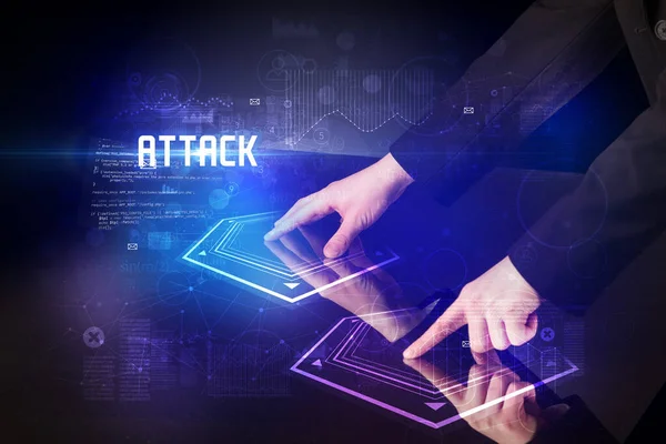 Трогательный Цифровой Стол Надписью Attack Концепция Безопасности Нового Века — стоковое фото