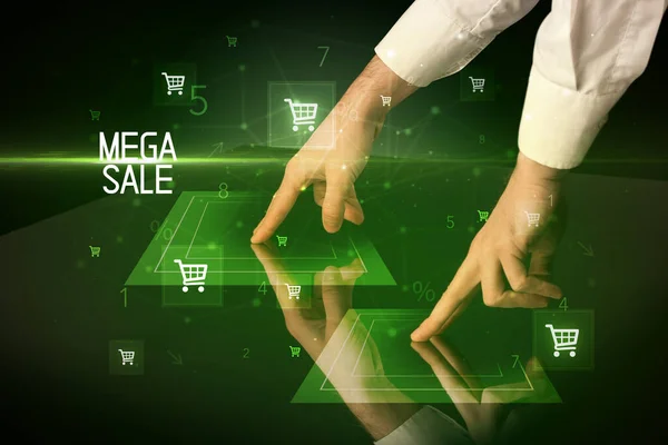 Online Shopping Mit Mega Sale Beschriftungskonzept Mit Warenkorb Symbolen — Stockfoto