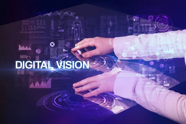 Geschäftsmann Berührt Riesiges Display Mit Digital Vision Aufschrift Modernes Technologie — Stockfoto