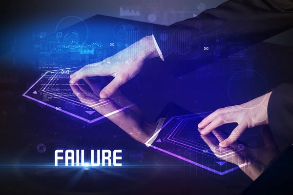 Hand Touching Digital Table Failure Inscription New Age Security Concept — Stock Photo, Image