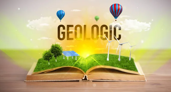 Open book with GEOLOGIC inscription, renewable energy concept