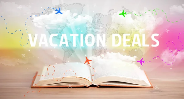 Livre Ouvert Avec Vacation Deals Inscription Concept Vacances — Photo