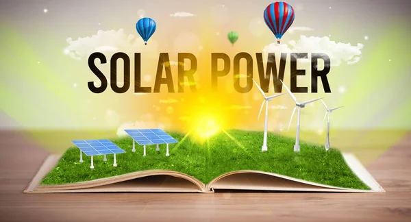 Open Boek Met Solar Power Inscriptie Concept Hernieuwbare Energie — Stockfoto