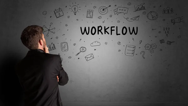 Бізнесмен Малює Скетч Творчої Ідеї Написом Workflow Концепцією Бізнес Стратегії — стокове фото