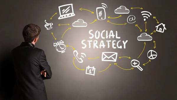 Empresário Desenho Ícones Mídia Social Com Inscrição Estratégia Social Novo — Fotografia de Stock