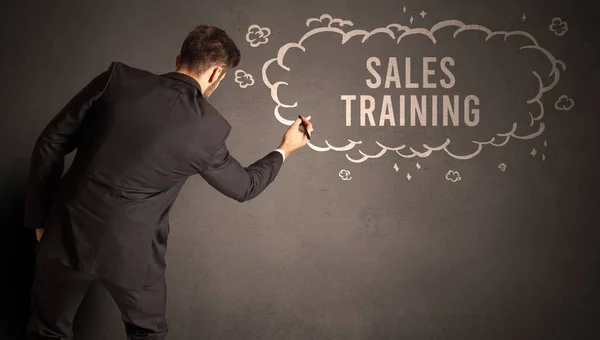 Geschäftsmann Zeichnet Eine Wolke Mit Sales Training Inschrift Inneren Modernes — Stockfoto