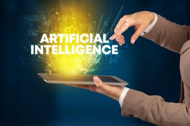 ARTIFICIAL INTELLIGENCE yazıtları, yenilikçi teknoloji konsepti ile dokunmatik ekran yakın plan
