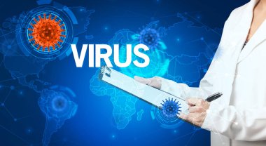 Doktor, VIRUS yazıtları ve viroloji konseptiyle tıbbi kayıtları dolduruyor.
