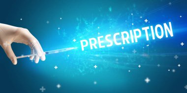 Şırınga, elinde prescRIPTION yazısıyla tıbbi enjeksiyon, tıbbi panzehir konsepti