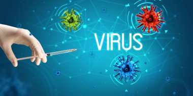 Şırınga, elinde VIRUS yazısıyla tıbbi enjeksiyon, koronavirüs aşısı konsepti