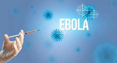 Doktorların yakın plan görüntüsü elinde EBOLA yazıtları ve koronavirüs panzehiri olan beyaz bir eldiven tutuyor.