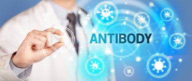 Doktor Antibody yazıtlı ilaç veriyor, koronavirüs konsepti