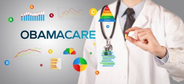 Beslenme uzmanı sana OBAMACARE yazıtlı bir hap veriyor, sağlıklı yaşam tarzı konsepti.