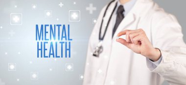 MENTAL Sağlık yazıtları, tıbbi konsept içeren bir ilaç veren bir doktorun yakın çekimi.