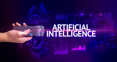 ARTIFICIAL INTELLIGENCE yazıtları ve modern teknoloji konseptiyle el ele tutuşmak