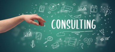 Kesilmiş ellerin yakın çekimi CONSULTING yazıt, modern iş çözümü kavramı
