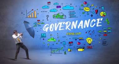 Şemsiyenin arkasına saklanan azimli iş adamı GOVERNANCE yazıtları, yeni iş konsepti
