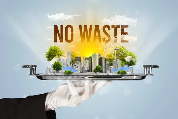 Camarero Que Sirve Ciudad Ecológica Sin Inscripción Residuos Concepto Energía — Foto de Stock