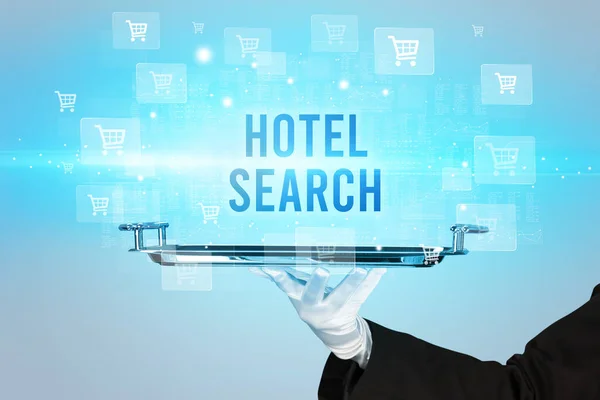 Официант Надписью Hotel Search Концепция Покупок Интернете — стоковое фото