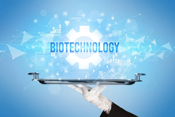 Cameriere Servizio Del Nuovo Concetto Tecnologico Con Iscrizione Biotechnology — Foto Stock