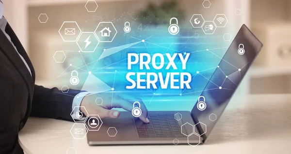 Napis Proxy Server Laptopie Koncepcji Bezpieczeństwa Internetu Ochrony Danych Blockchain — Zdjęcie stockowe