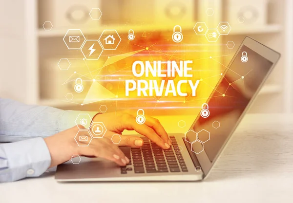 Надпись Privacy Ноутбуке Концепция Интернет Безопасности Защиты Данных Блокчейн Кибербезопасность — стоковое фото