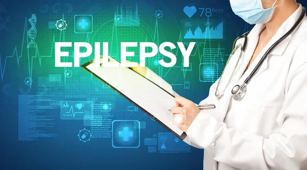 Jonge Arts Opschrijven Notities Met Epilepsy Inscriptie Gezondheidszorg Concept — Stockfoto