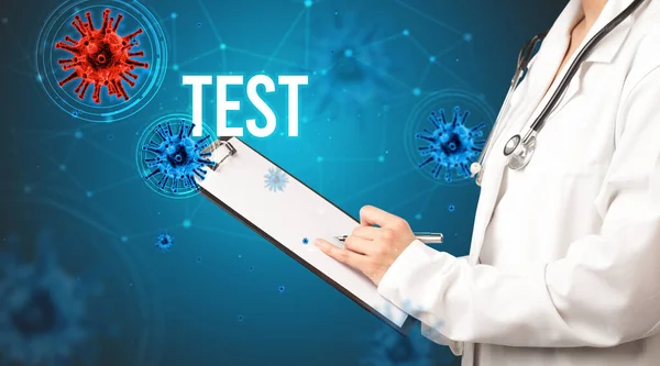 Medico Prescrive Una Prescrizione Con Iscrizione Test Concetto Pandemico — Foto Stock